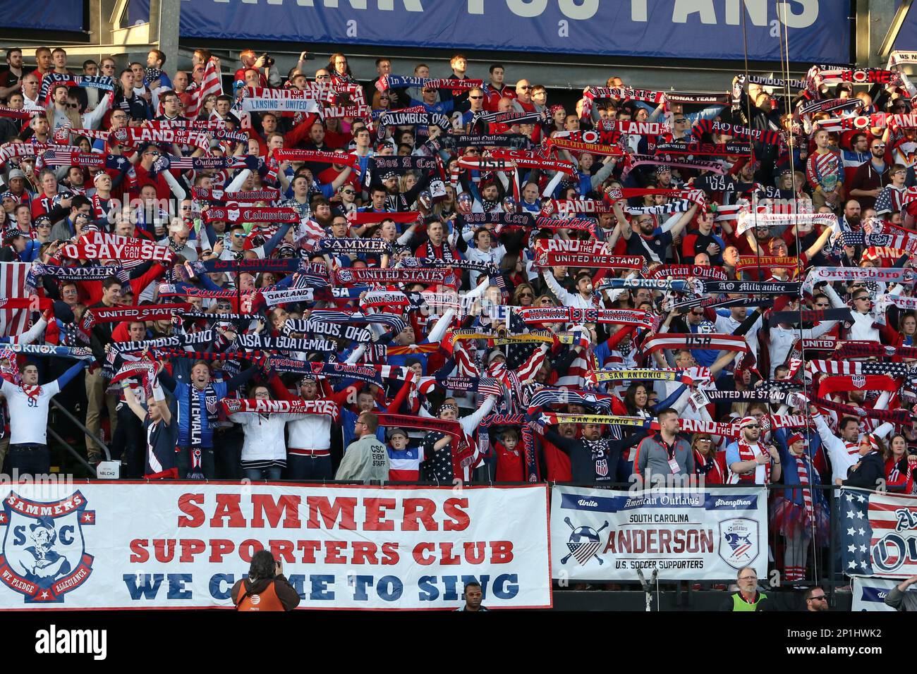 29 March 2016: U.S. supporters hold up their scarves during the national  anthem. The United States Men's National Team played the Guatemala Men's  National Team at Mapfre Stadium in Columbus, Ohio in