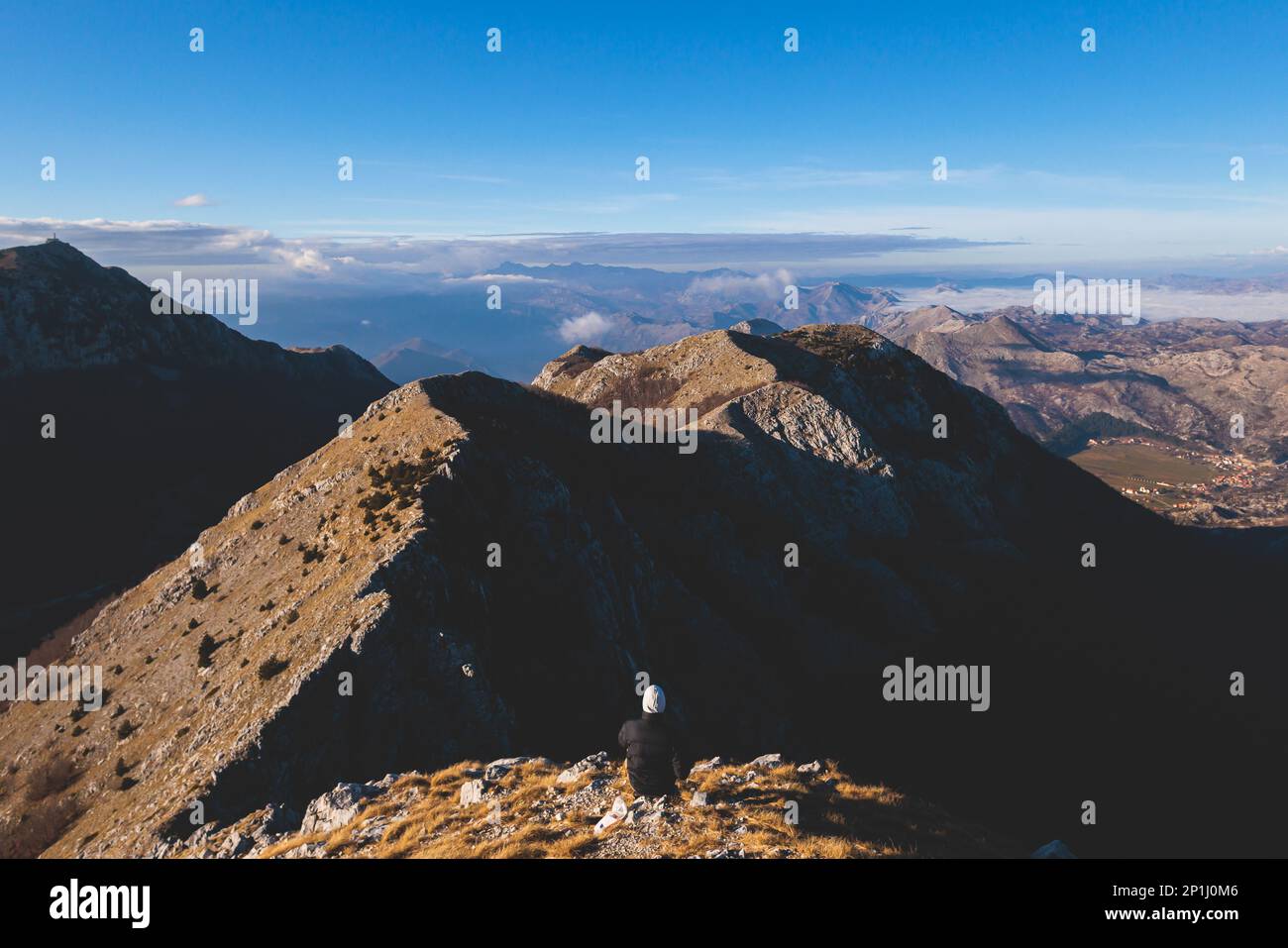 Beautiful aerial view of Lovcen National Park panorama, seen from mount Lovcen, Njegos mausoleum observation deck, Montenegro in sunny day, with blue Stock Photo