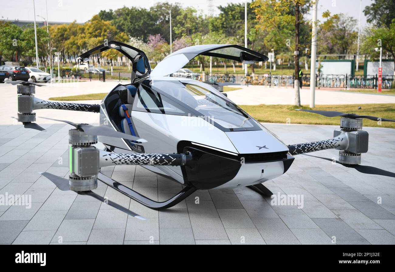 Guangzhou. 24th Feb, 2023. This photo taken on Feb. 24, 2023 shows a XPeng X2 flying car at the headquarters of XPeng Aeroht in Guangzhou, south China's Guangdong Province. Guangzhou, one of China's major car manufacturing bases, has been striving to attract investment in new energy vehicle (NEV) industry in recent years. Credit: Deng Hua/Xinhua/Alamy Live News Stock Photo
