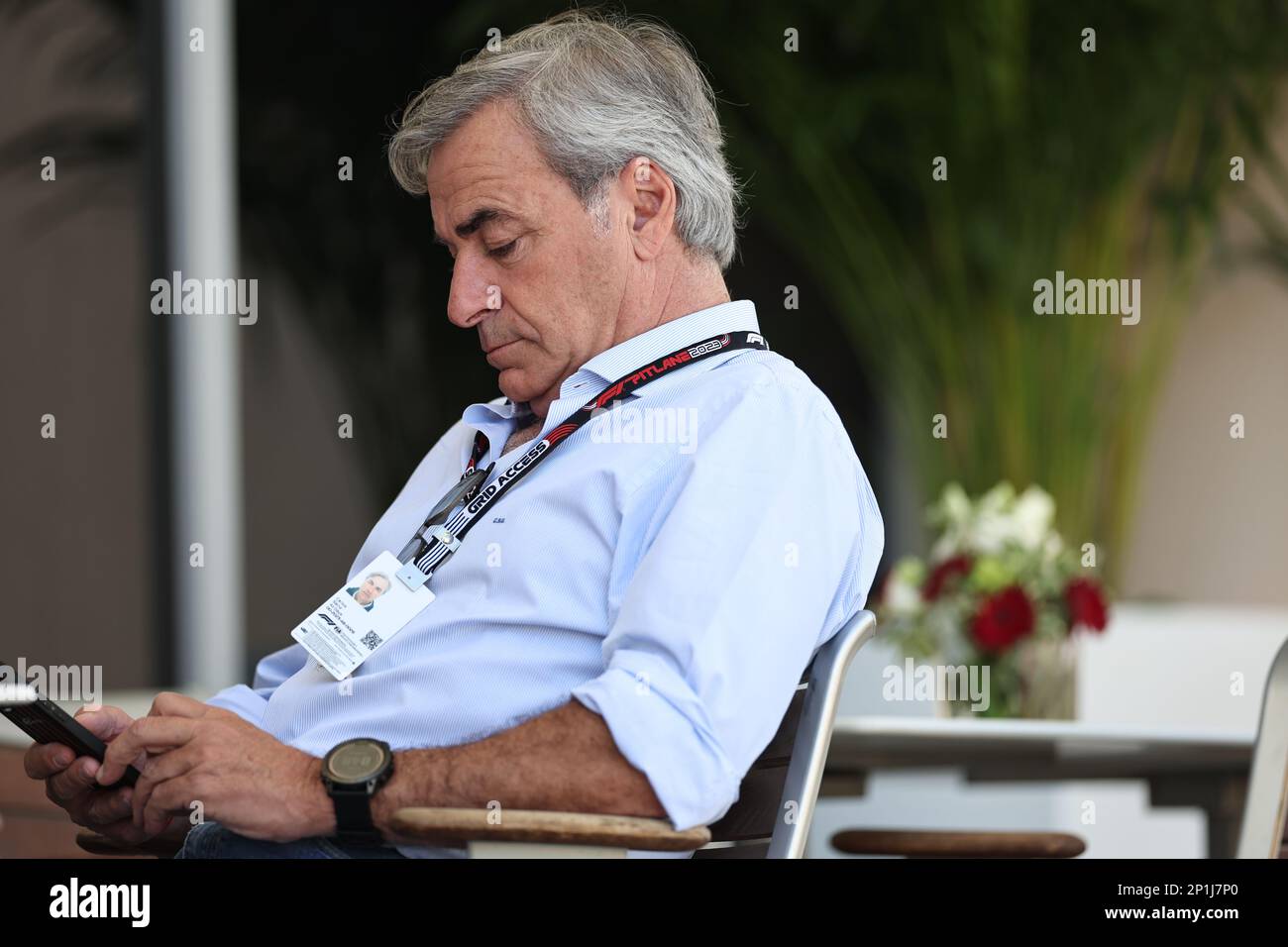 Manama, Bahrain. 03rd Mar, 2023. MANAMA, BAHRAIN, Sakhir circuit, 3. March 2023: Carlos SAINZ, father of Carlos Sainz Junior seen during the Bahrain Formula One Grand Prix at the Bahrain International Circuit near Manama city in the town of Sakhir on March 03. 2023. Formula 1 - F1 Motorsport, fee liable image, photo and copyright © Jun QIAN/ ATP images (QIAN Jun/ATP/SPP) Credit: SPP Sport Press Photo. /Alamy Live News Stock Photo