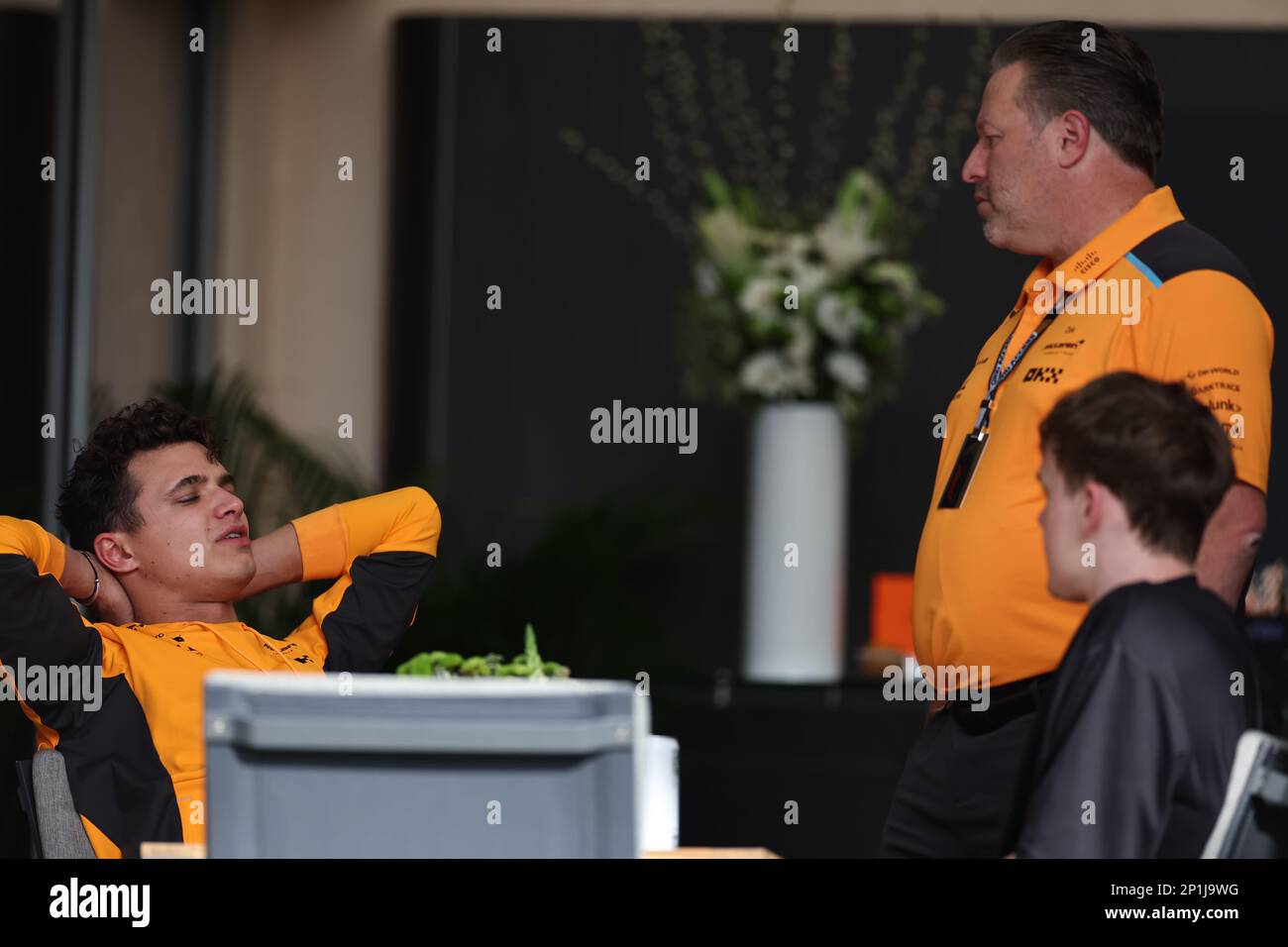 Manama, Bahrain. 03rd Mar, 2023. MANAMA, BAHRAIN, Sakhir circuit, 3. March 2023: (R) Zak BROWN, executive director of McLaren Technology Group, USA, McLaren Chief Executive Officer and Lando NORRIS during the Bahrain Formula One Grand Prix at the Bahrain International Circuit near Manama city in the town of Sakhir on March 03. 2023. Formula 1 - F1 Motorsport, fee liable image, photo and copyright © Jun QIAN/ ATP images (QIAN Jun/ATP/SPP) Credit: SPP Sport Press Photo. /Alamy Live News Stock Photo