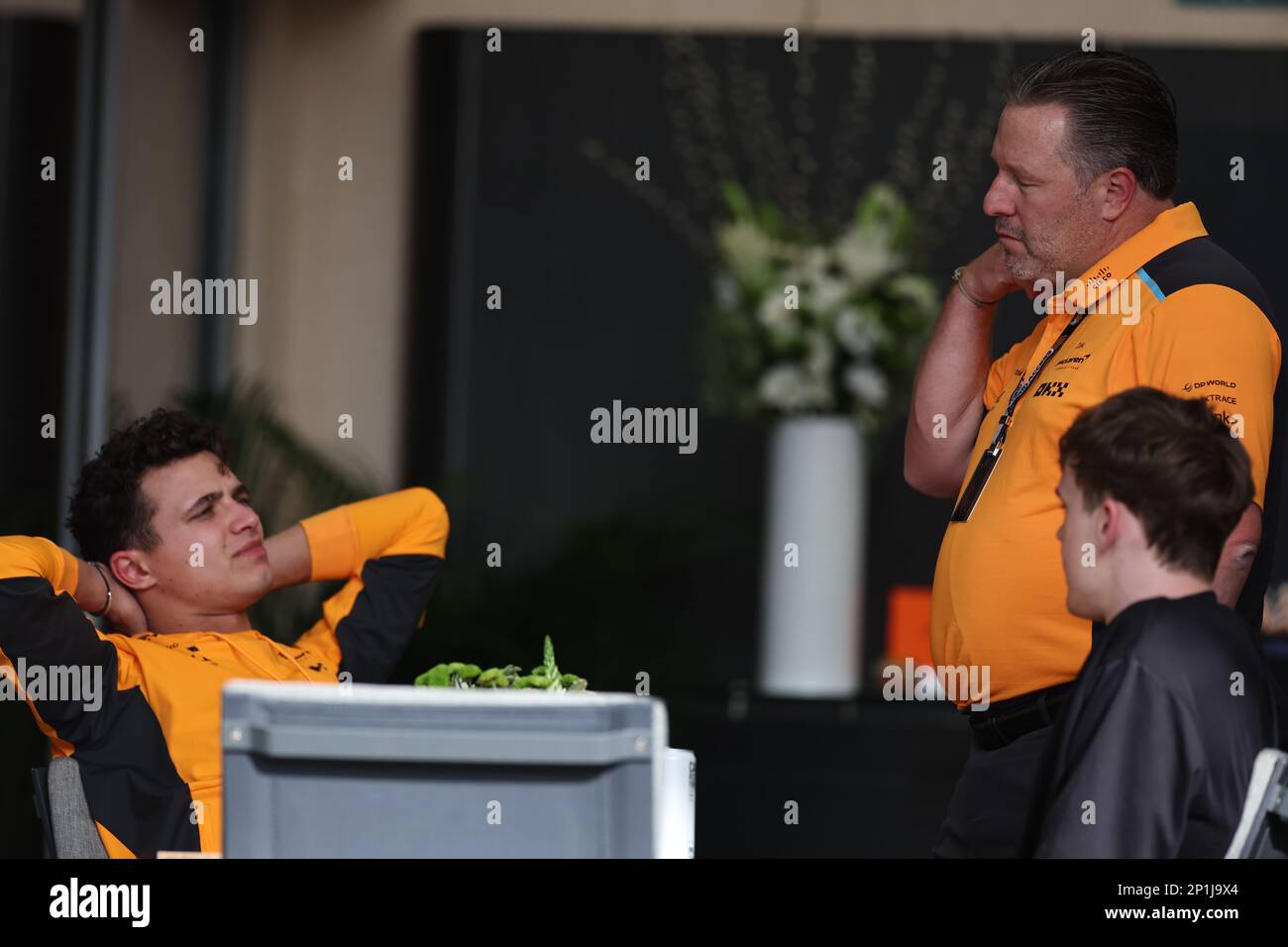 Manama, Bahrain. 03rd Mar, 2023. MANAMA, BAHRAIN, Sakhir circuit, 3. March 2023: (R) Zak BROWN, executive director of McLaren Technology Group, USA, McLaren Chief Executive Officer and Lando NORRIS during the Bahrain Formula One Grand Prix at the Bahrain International Circuit near Manama city in the town of Sakhir on March 03. 2023. Formula 1 - F1 Motorsport, fee liable image, photo and copyright © Jun QIAN/ ATP images (QIAN Jun/ATP/SPP) Credit: SPP Sport Press Photo. /Alamy Live News Stock Photo