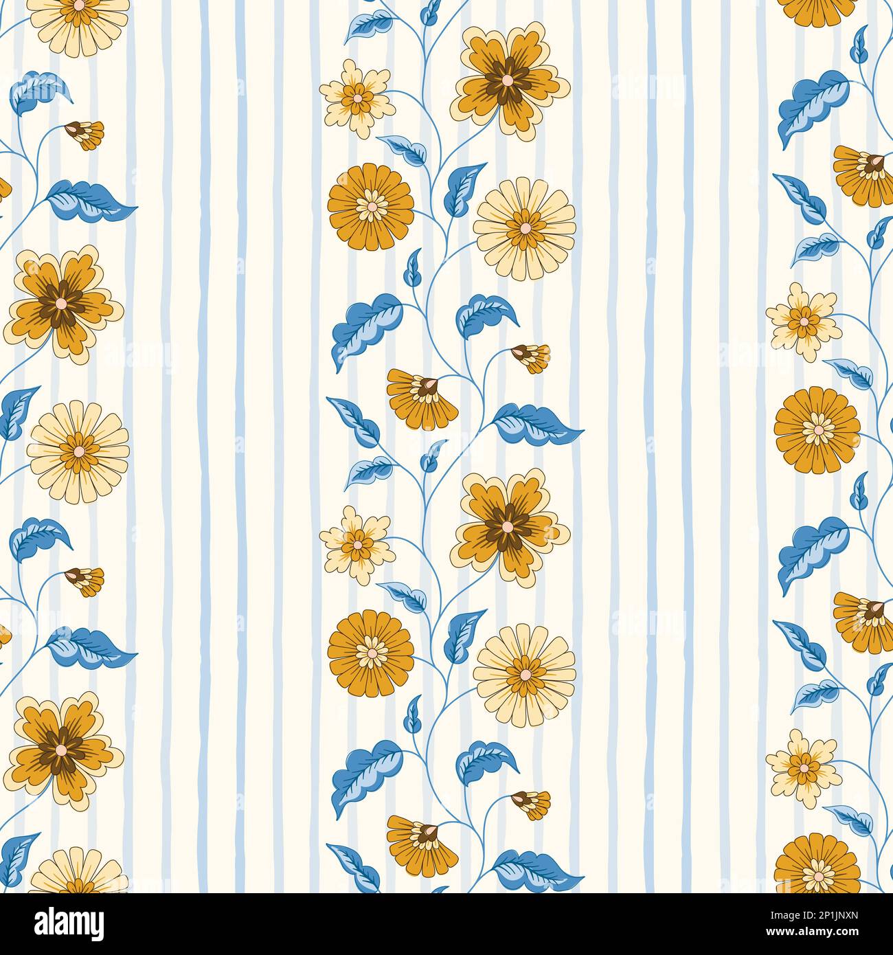 Indian Chintz Flowers and Vertical Stripes Vector Seamless Pattern Stock Vector
