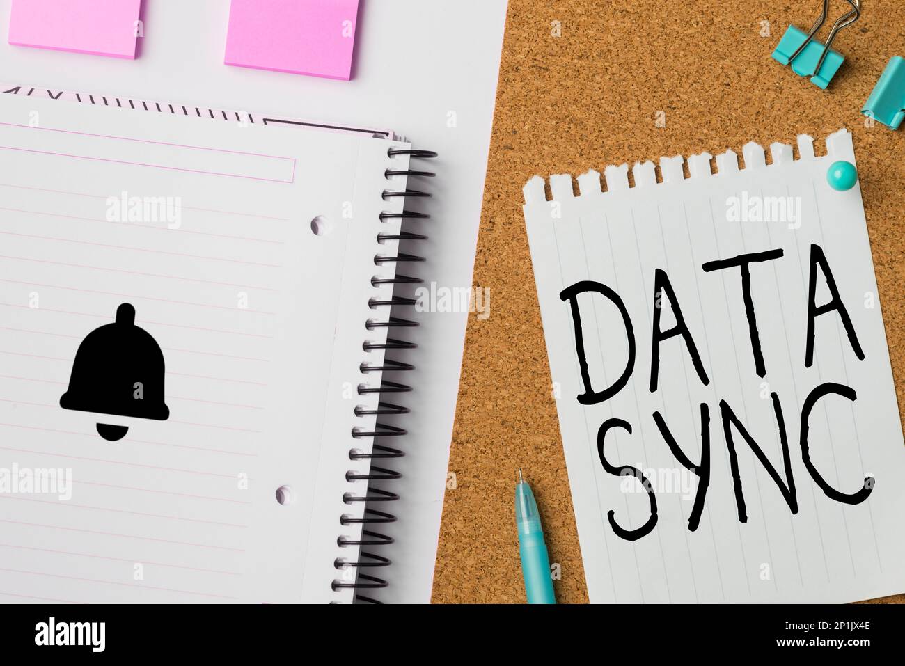 Handwriting text Data Sync. Business idea data that is continuously generated by different sources Stock Photo