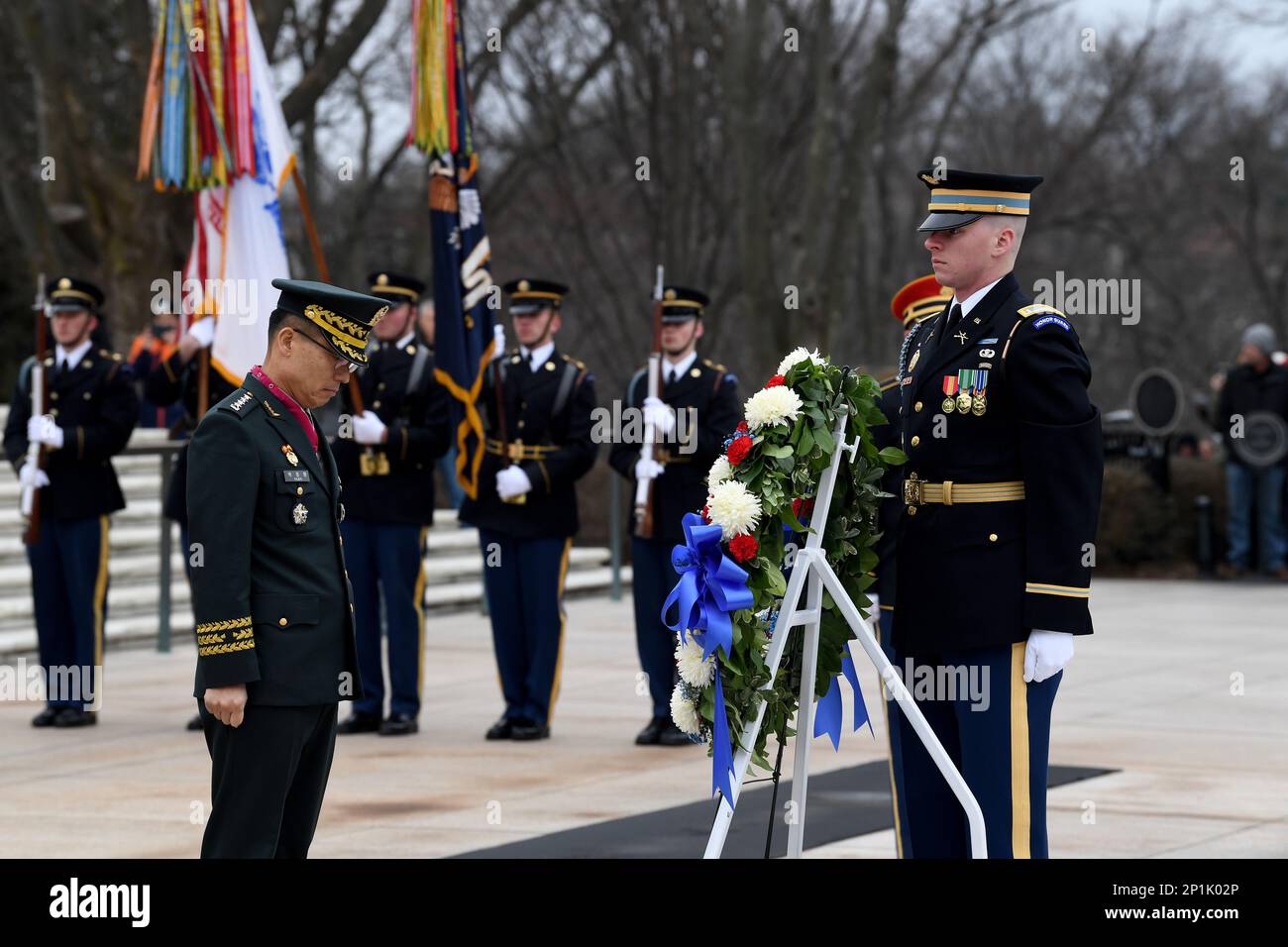 General Park Jeong Hwan, Chief of Staff of the Republic of Korea Army lays a wreath at the Tomb of the Unknown Soldier at Arlington National Cemetery in Arlington, Va, Jan 25, 2023. U.S. Army Maj. Gen. Allan M. Pepin, commanding general, Joint Task Force- National Capital Region and U.S. Army Military District of Washington, hosted this Army Full Honor Wreath-Laying Ceremony. Stock Photo