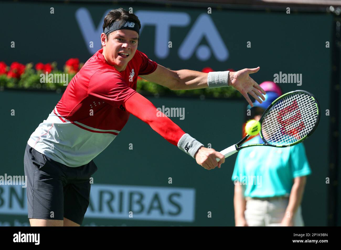 March 16, 2016: Milos Raonic of Canada returns a shot against Tomas Berdych  of Czech Republic during the 2016 BNP Paribas Open at Indian Wells Tennis  Garden in Indian Wells, California. Charles