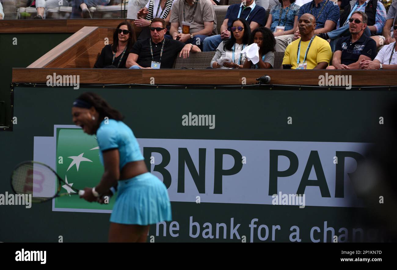 13 March, 2016 Boxing legend Iron Mike Tyson and Larry Ellison watch Serena Williams as she plays against Yulia Putintseva (KAZ) during the BNP Paribas Open at Indian Wells Tennis Garden in