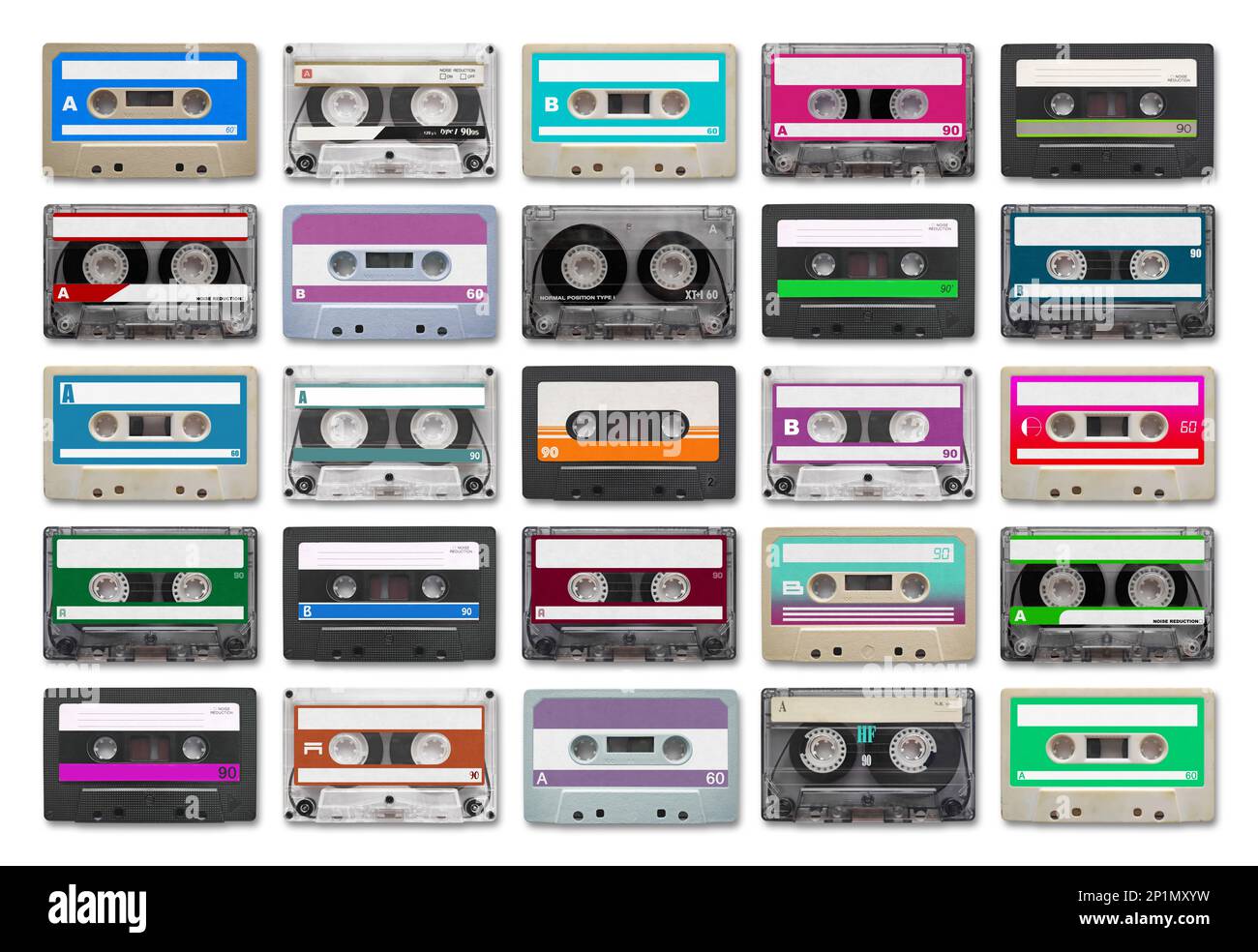 Full-frame close-up on 25 audio cassettes isolated on white background. Stock Photo