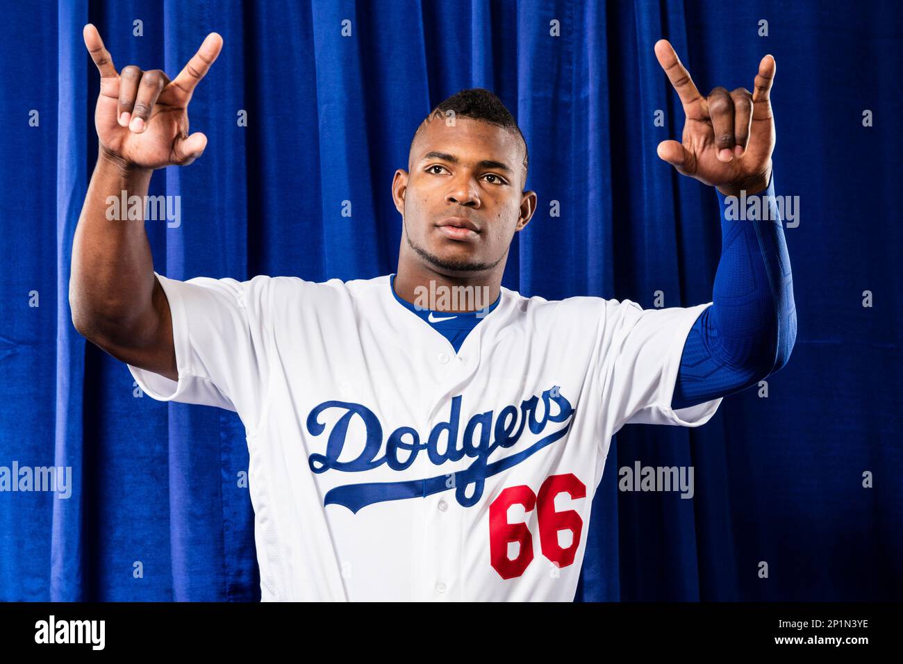 February 27, 2016: Outfielder Yasiel Puig #66 poses for a portrait during  the Los Angeles Dodgers photo day in Glendale, Ariz. (Photo by Ric  Tapia/Icon Sportswire) (Icon Sportswire via AP Images Stock