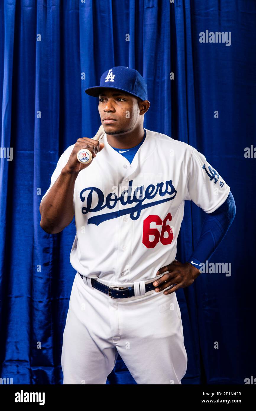February 27, 2016: Outfielder Yasiel Puig #66 poses for a portrait during  the Los Angeles Dodgers photo day in Glendale, Ariz. (Photo by Ric  Tapia/Icon Sportswire) (Icon Sportswire via AP Images Stock