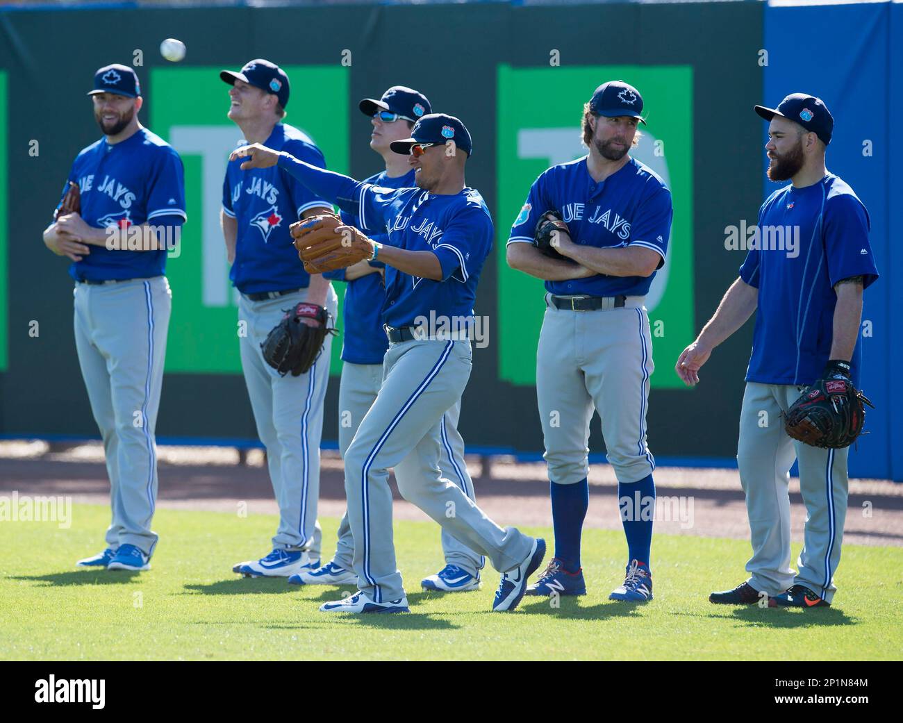 Toronto Blue Jays second baseman Ryan Goins throws a ball back as