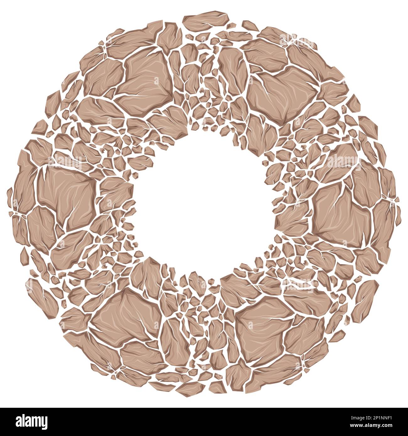 Vector round frame of dray clay stones and copy space. Earthquake danger. Circle clipart smashed earthy rocks with cracks and place for text Stock Vector