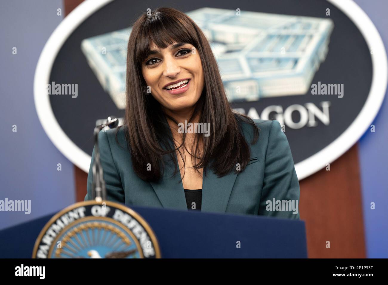 Pentagon Deputy Press Secretary Sabrina Singh holds a press briefing in the Pentagon Press Briefing Room, Washington, D.C., Jan. 19, 2023. Stock Photo