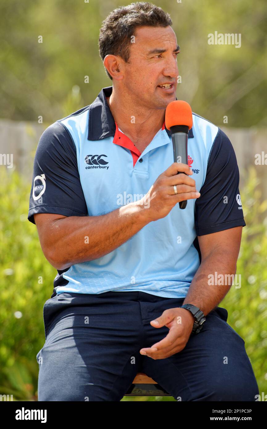 February 17, 2015 : Waratahs coach Daryl Gibson speaks at a Q&A session  during the 2016 Asteron Life Super Rugby Media Launch event at Wet'n'Wild  Sydney in NSW, Australia (Photo by Hugh