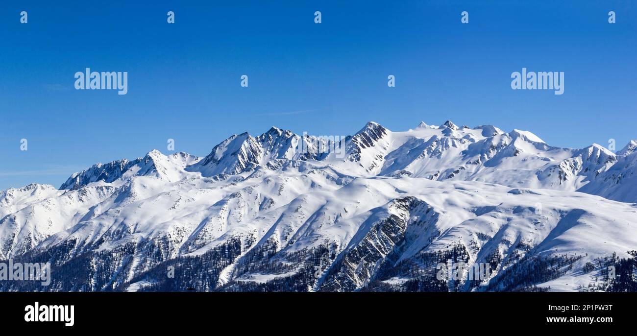 Alps range with Baettlihorn, breithorn, bortelhorn, helsenhorn, monte Cervandone, gross schinhorn, milibach, on the border between Italy and Switzerla Stock Photo