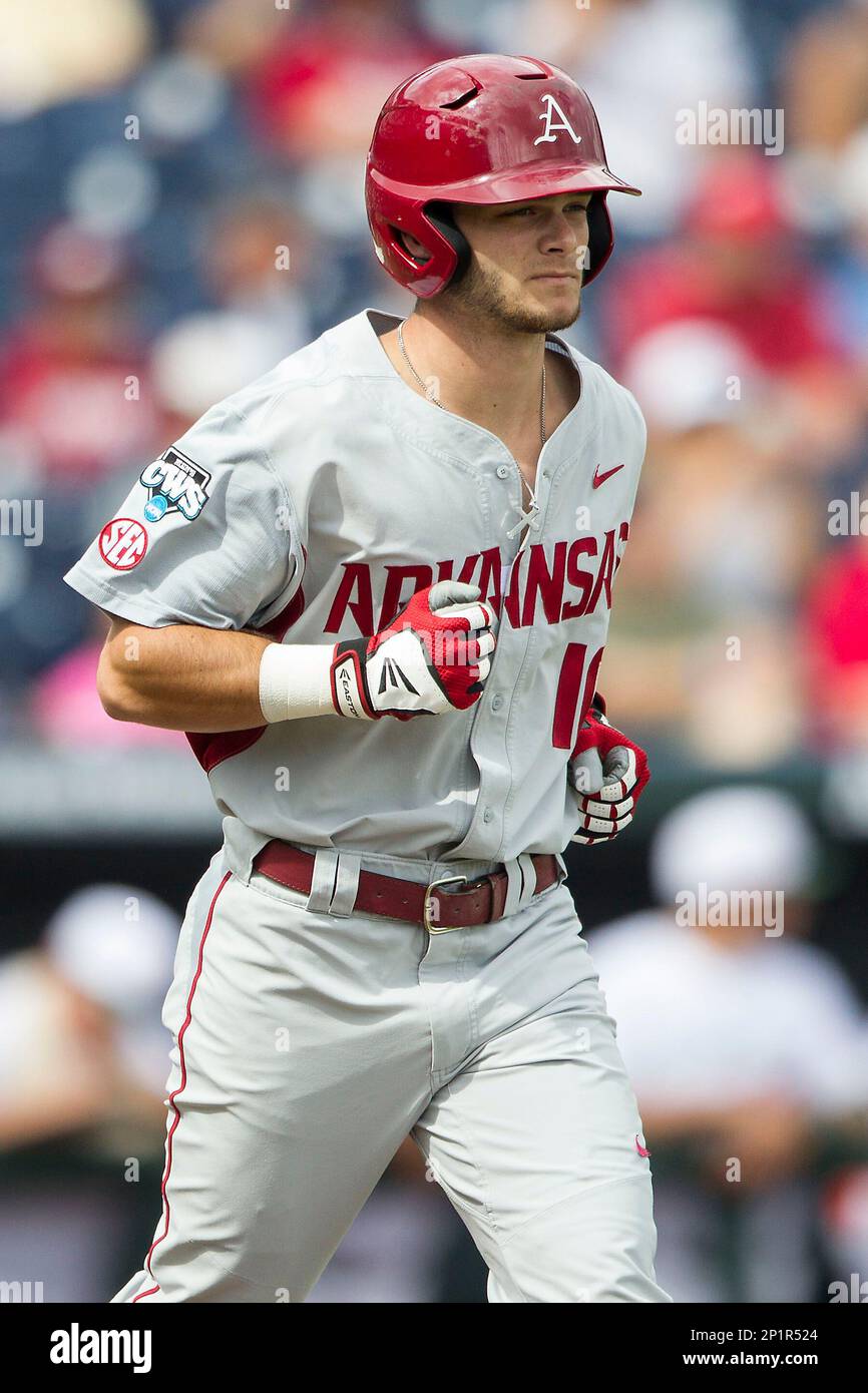 Arkansas Razorbacks outfielder Andrew Benintendi (16) on deck during the  NCAA College baseball World Series against the Miami Hurricanes on June 15,  2015 at TD Ameritrade Park in Omaha, Nebraska. Miami beat