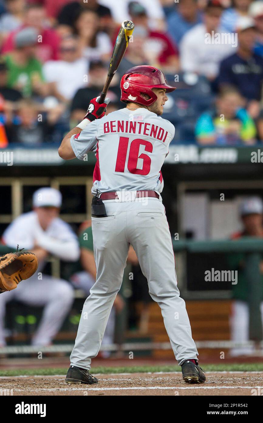 June 13, 2015: Arkansas outfielder Andrew Benintendi #16 during his home  run trot in action during game 1 of the 2015 NCAA Men's College World  Series between Virginia Cavaliers and Arkansas Razorbacks