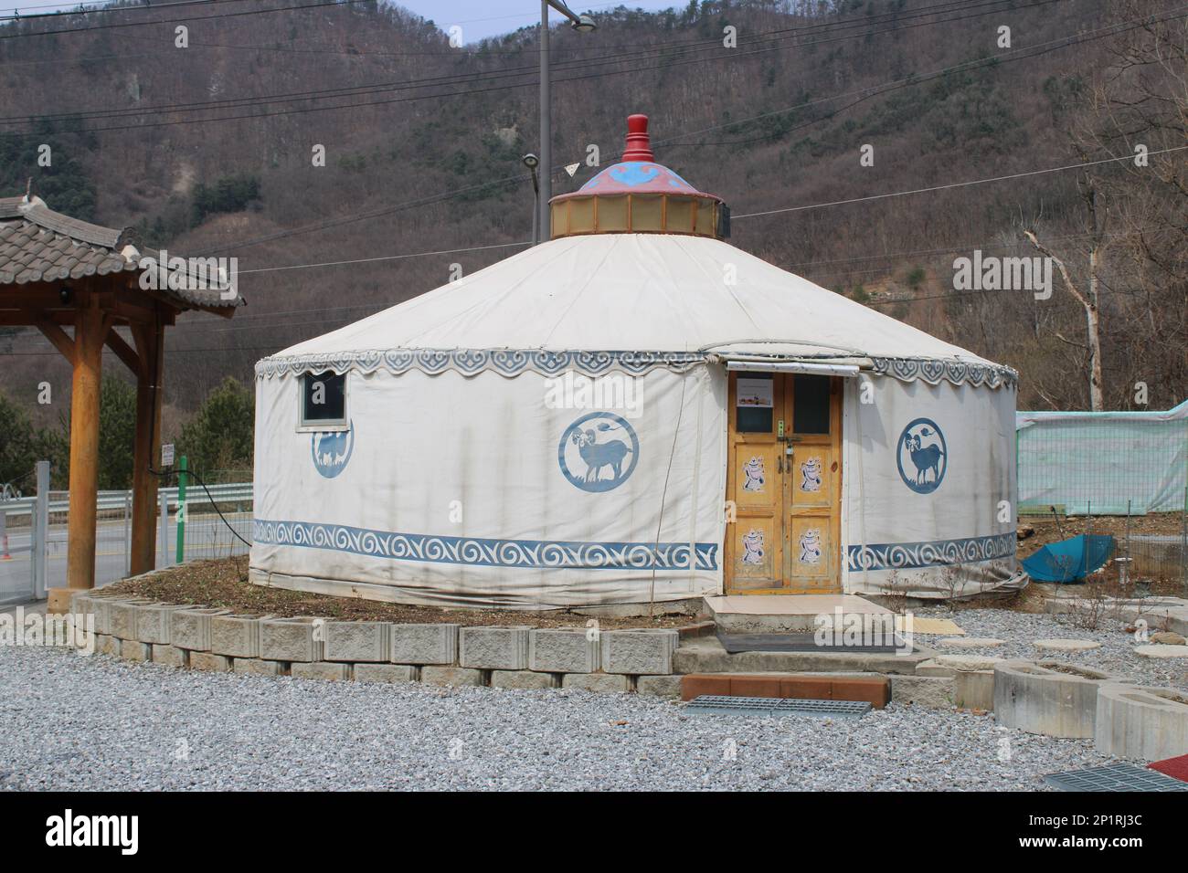 White and blue yurt near ceramics market Stock Photo