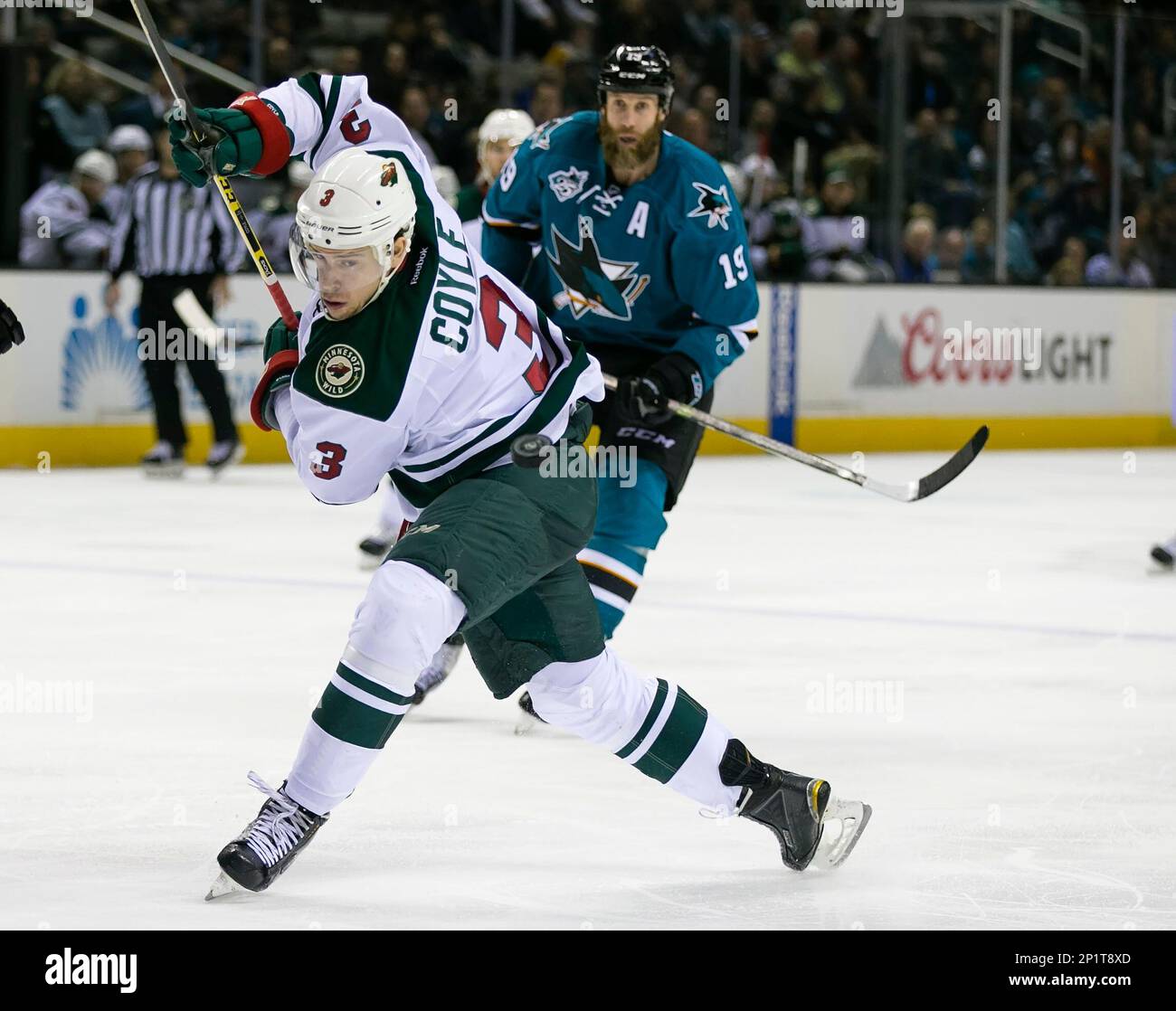 Jan 23, 2016: Minnesota Wild center Charlie Coyle (3) in action during the NHL hockey game between the Minnesota Wild and the San Jose Sharks at the SAP Center in San Jose, CA. The Sharks defeated the Wild 4-3. Damon Tarver/Cal Sport Media (Cal Sport Media via AP Images) Stock Photo