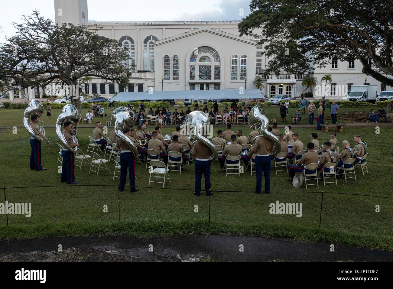 U.S. Marines with Marine Corps Forces Pacific Band perform for attendees during a live concert for the local community at Plaza de Espana, Hagatna, Guam, Jan. 23, 2023. The MARFORPAC Band participated in multiple community engagements during their visit to Guam as part of the Naval Support Activity, Marine Corps Base Camp Blaz Reactivation and Naming Ceremony. In order to encourage music education and showcase the vibrant history and tradition of military music, the band is active in providing clinics and concerts for the communities they serve. The MARFORPAC Band performs throughout the Indo- Stock Photo