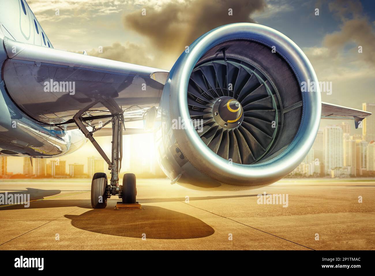 jet engine of an modern airliner against a skyline Stock Photo