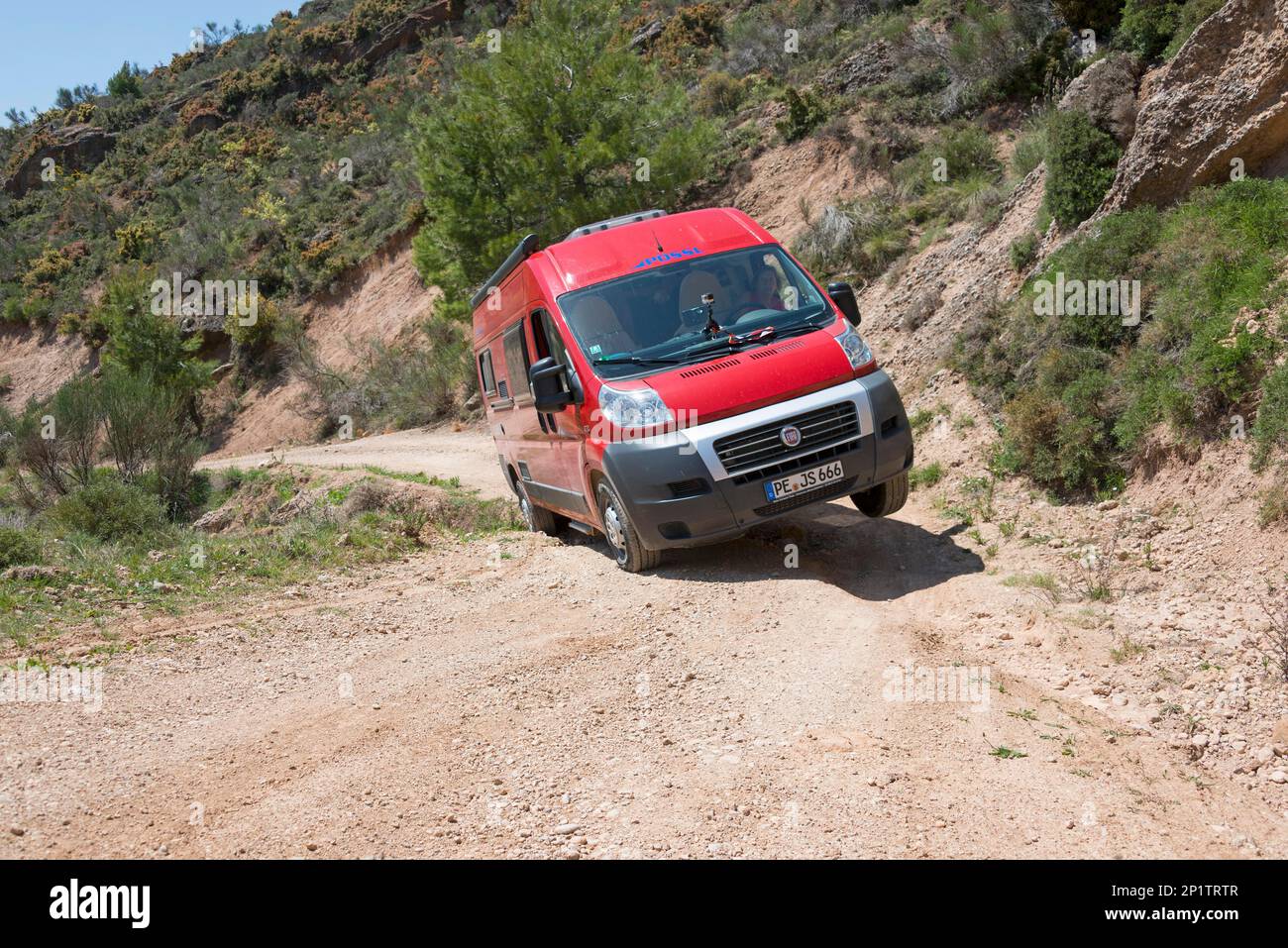 Motorhome in danger of falling down the slope, Kalavryta, Achaia, Peloponnese, Greece, Chelmos Stock Photo