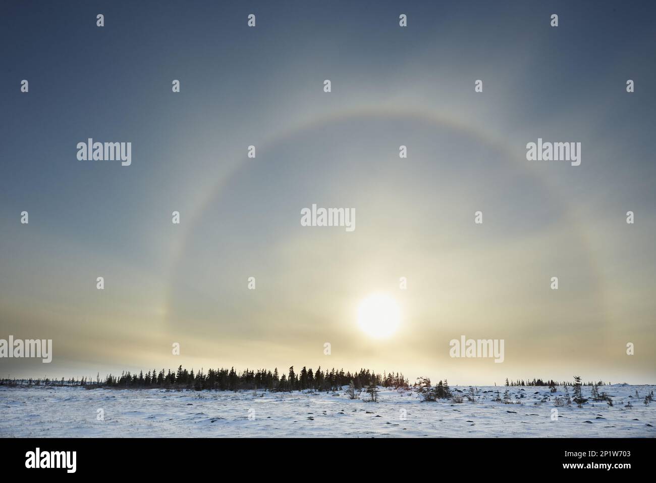Atmospheric phenomenon sun dog caused by the interaction of light with ice crystals in the atmosphere, Manitoba, Canada Stock Photo