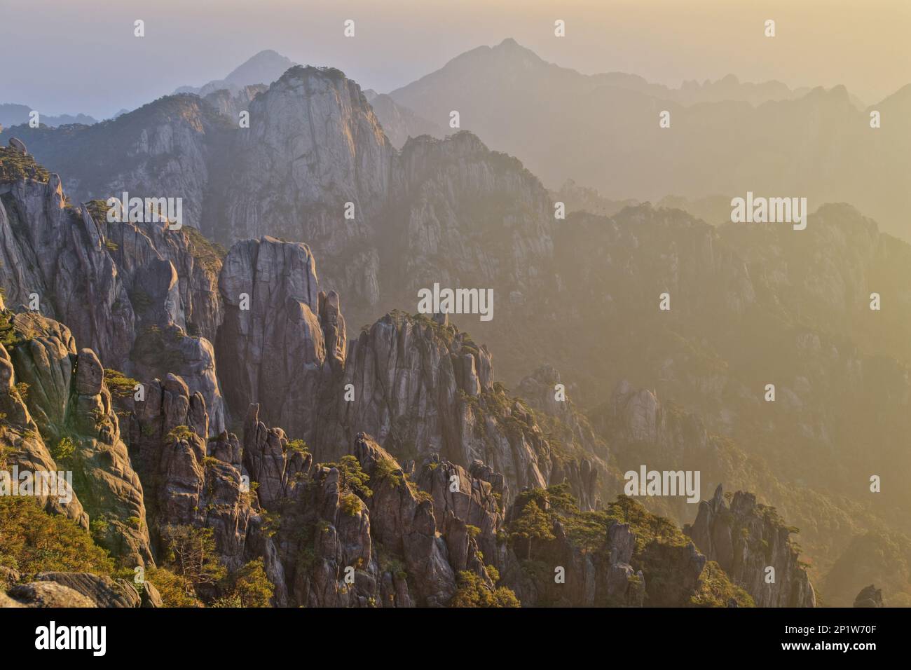 View of mountain range with granite peaks at sunrise, Huangshan (Yellow Mountains), Anhui Province, China Stock Photo
