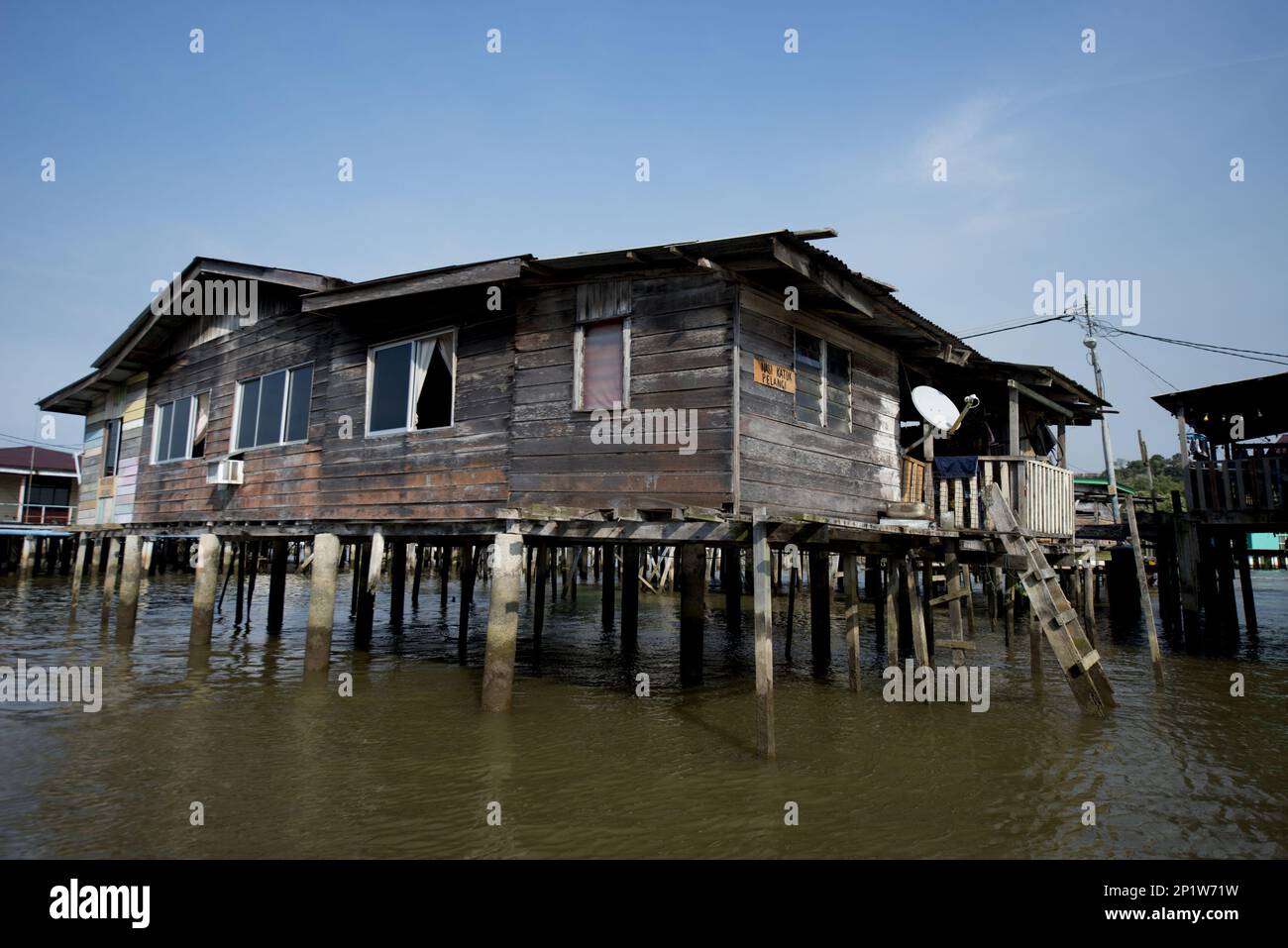 Hut on stilts in the river, water village (Kampong Ayer), Brunei River, Bandar Seri Begawan, Brunei Stock Photo