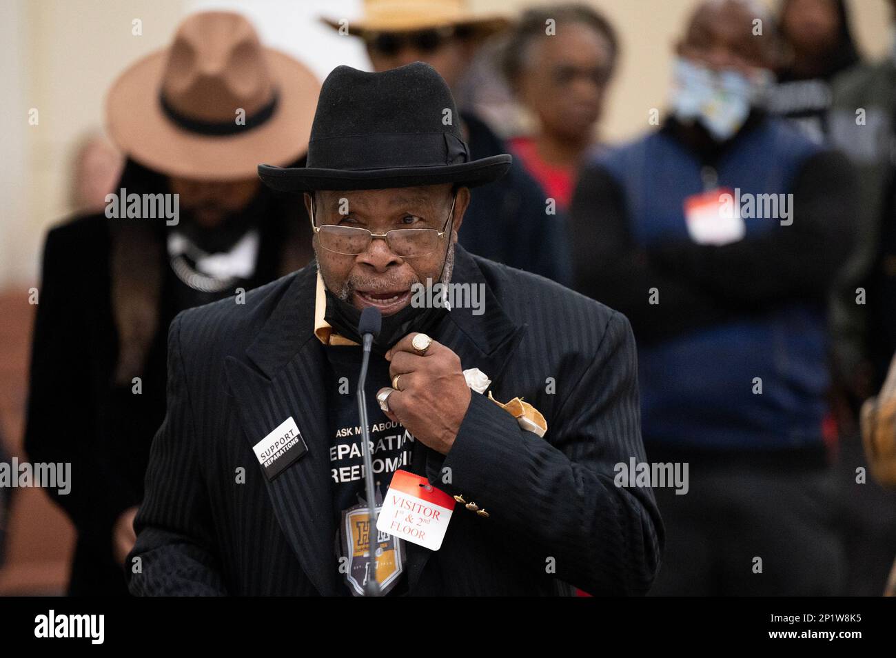 Sacramento, CA, USA. 3rd Mar, 2023. Bishop Henry Williams from Alabama gives public testimony during a AB 3121: Task Force to Study and Develop Reparation Proposals for African Americans in Sacramento, Friday, March 3, 2023. The Task Force is tasked with Study and Develop Reparation Proposals for African Americans, with a Special Consideration for African Americans Who are Descendants of Persons Enslaved in the United States. (Credit Image: © Paul Kitagaki Jr./ZUMA Press Wire) EDITORIAL USAGE ONLY! Not for Commercial USAGE! Stock Photo
