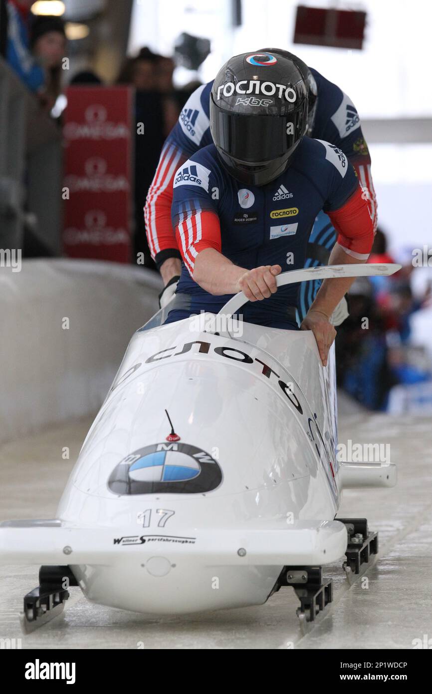 08 January 2016: Driver Nikita Sakharov and brakeman Maxim Mokrousov of  Russia slide on the track to at the Olympic Sports Complex in Lake Placid,  NY in the IBSF 2-Man Bobsled World