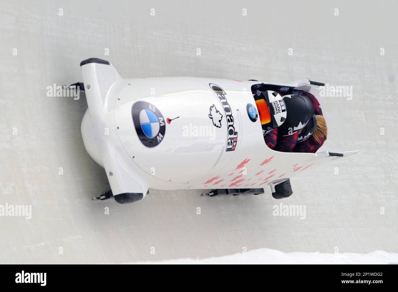 09 January 2016 The Canada 3 4-man bobsled driven by Kaillie Humphries slides on the track at the Olympic Sports Complex in Lake Placid, NY in the IBSF Mens Bobsleigh World Cup