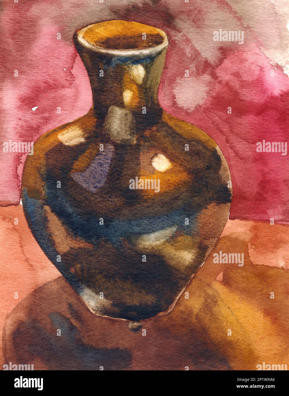 A Bright Watercolor Still Life Painting With A Jar On A Background Of