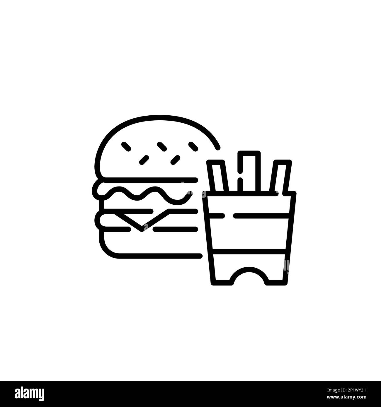 Cheeseburger with lettuce and sesame seed bun. French fries meal. Pixel perfect, editable stroke icon Stock Vector