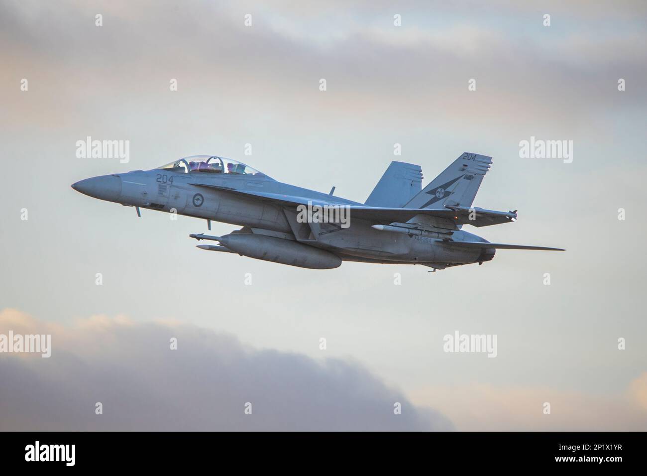 A RAAF F/A-18F Super Hornet of 1 Squadron on display at the Avalon International Airshow 2023 Stock Photo