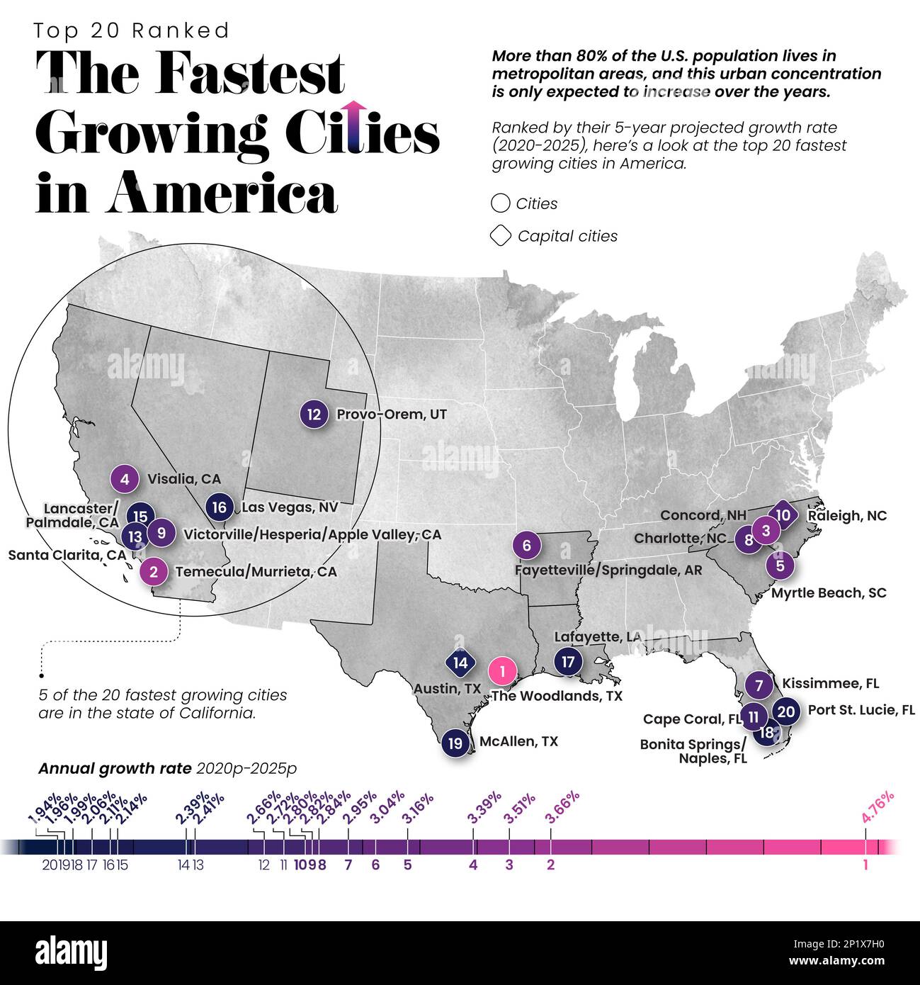 Fastest growing cities in the USA, map Stock Photo