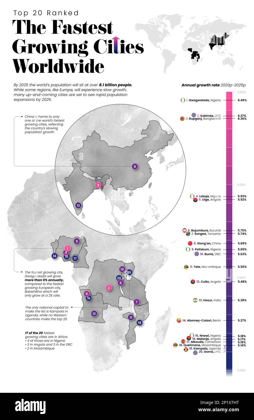 Fastest growing cities in the world, map Stock Photo