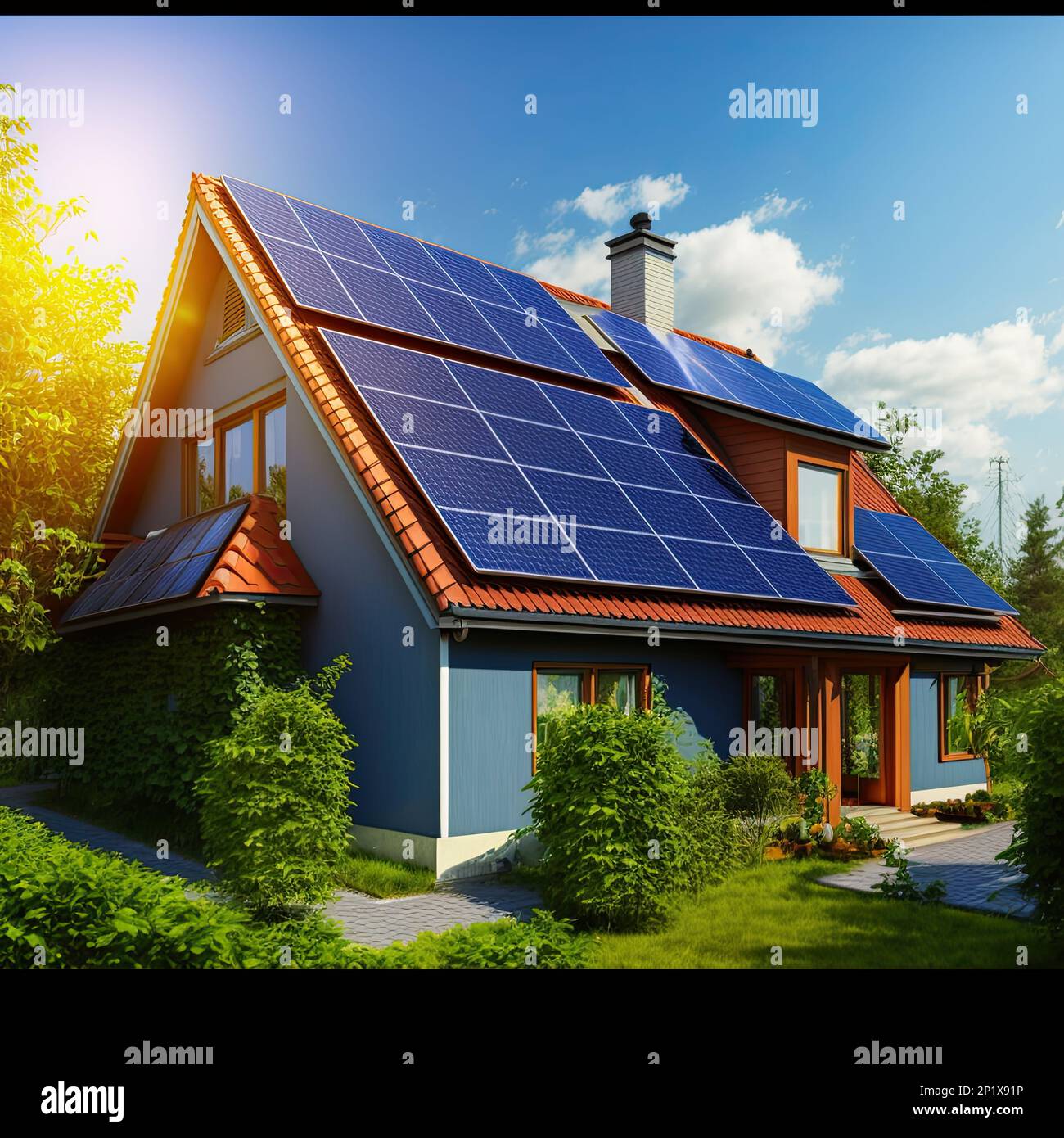 Beautiful home exterior showing house roof with rows of electric solar