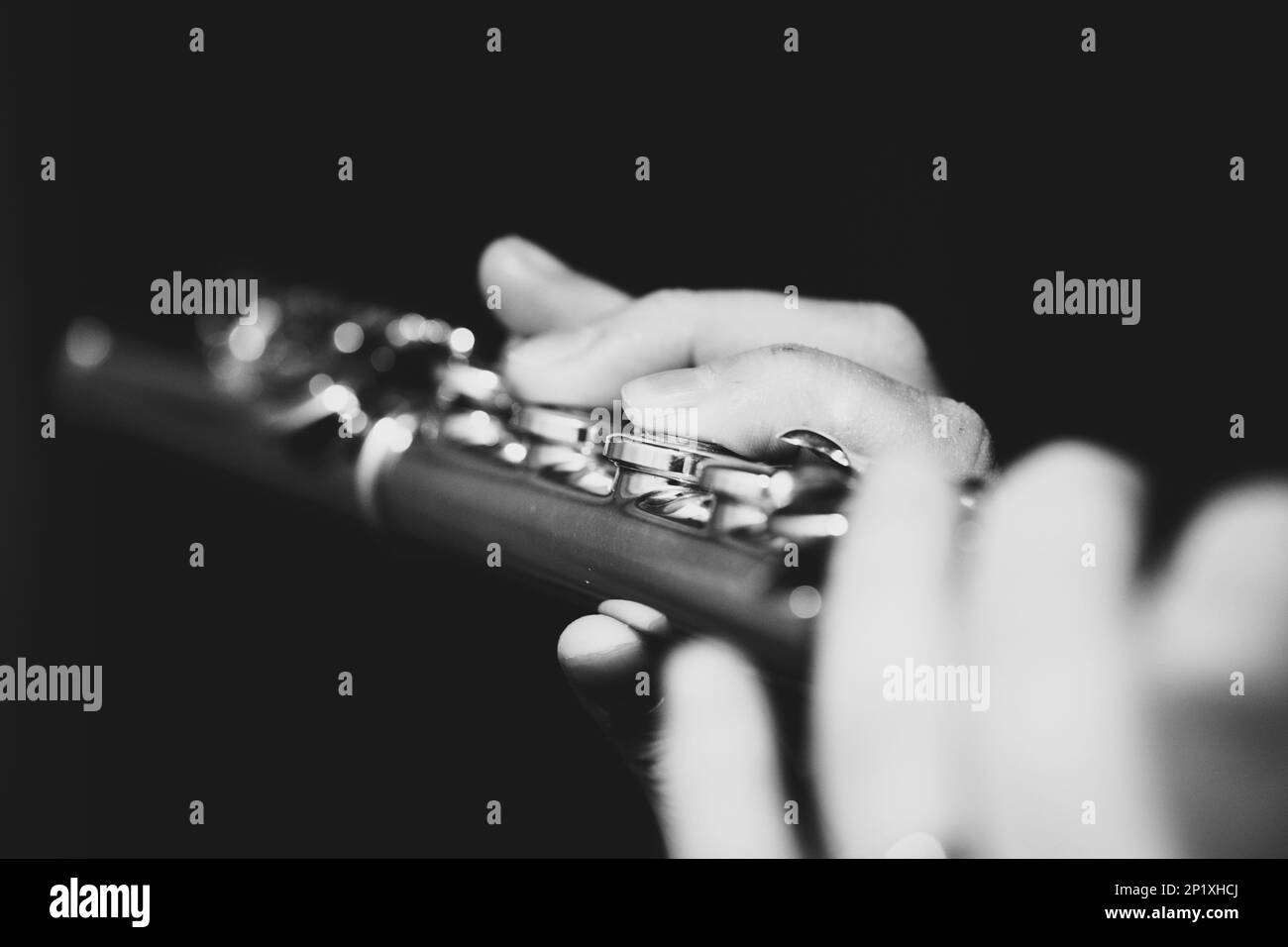 A black and white portrait of the fingers of a hand of a flutist musician gripping down on the valves of a silver metal flute to play a note of a musi Stock Photo