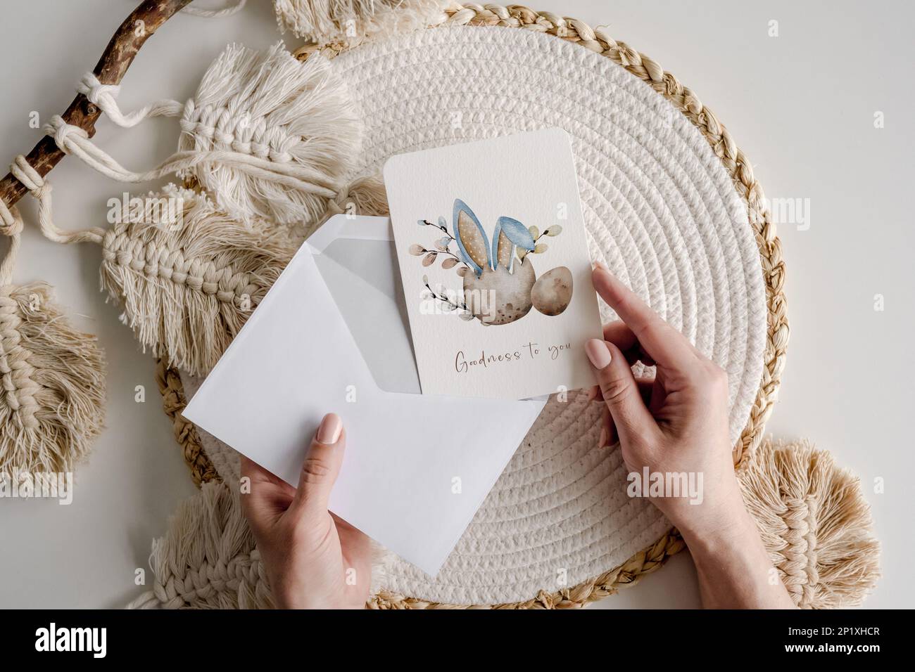 Watercolor paper postcard blank in boho decor Stock Photo