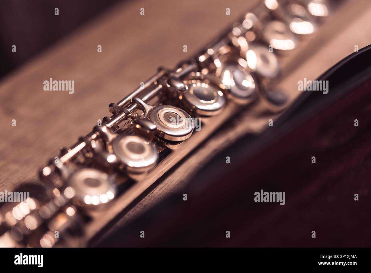 A close up portrait of a the valves of an assembled silver metal flute