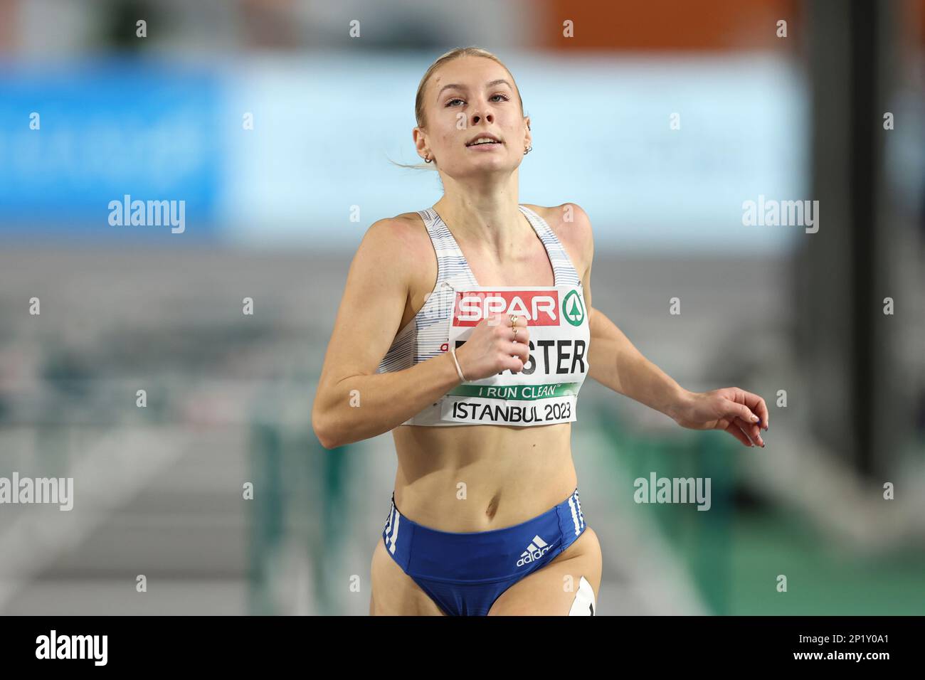 Viktoria Forster, of Slovakia, reacts after finishing a Women 60 meters Hurdles heat at the European Athletics Indoor Championships at Atakoy Arena in Istanbul, Turkey, Saturday, March 4, 2023