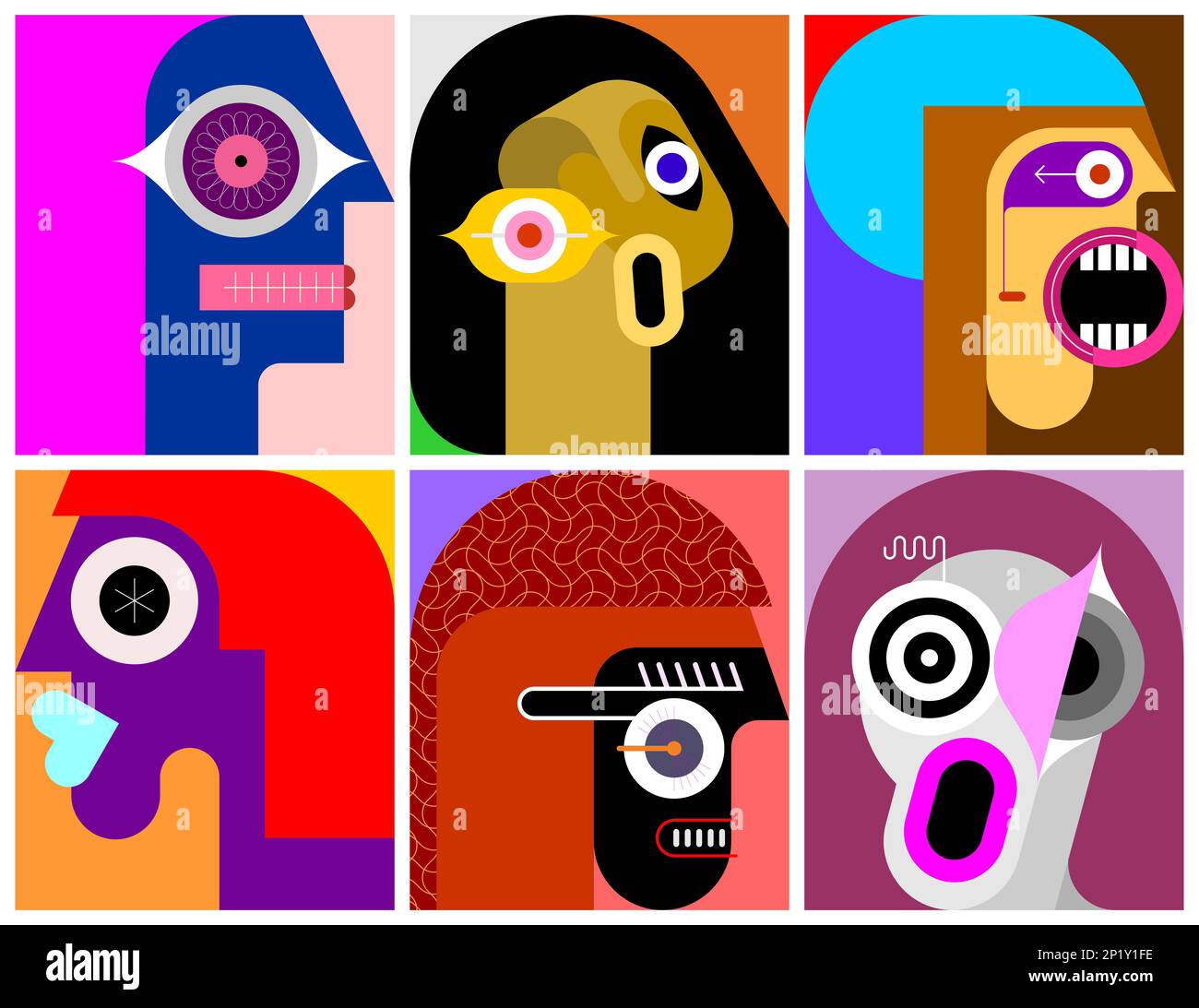 Six Portraits modern art layered vector illustration. Composition of six different abstract images of human face. Stock Photo