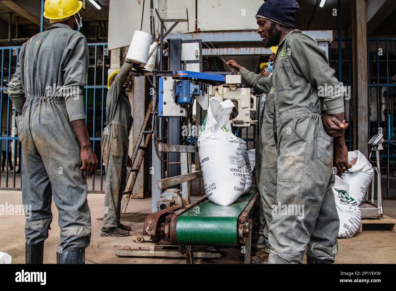 Workers operate a fertilizer packaging unit at the Fertiplant