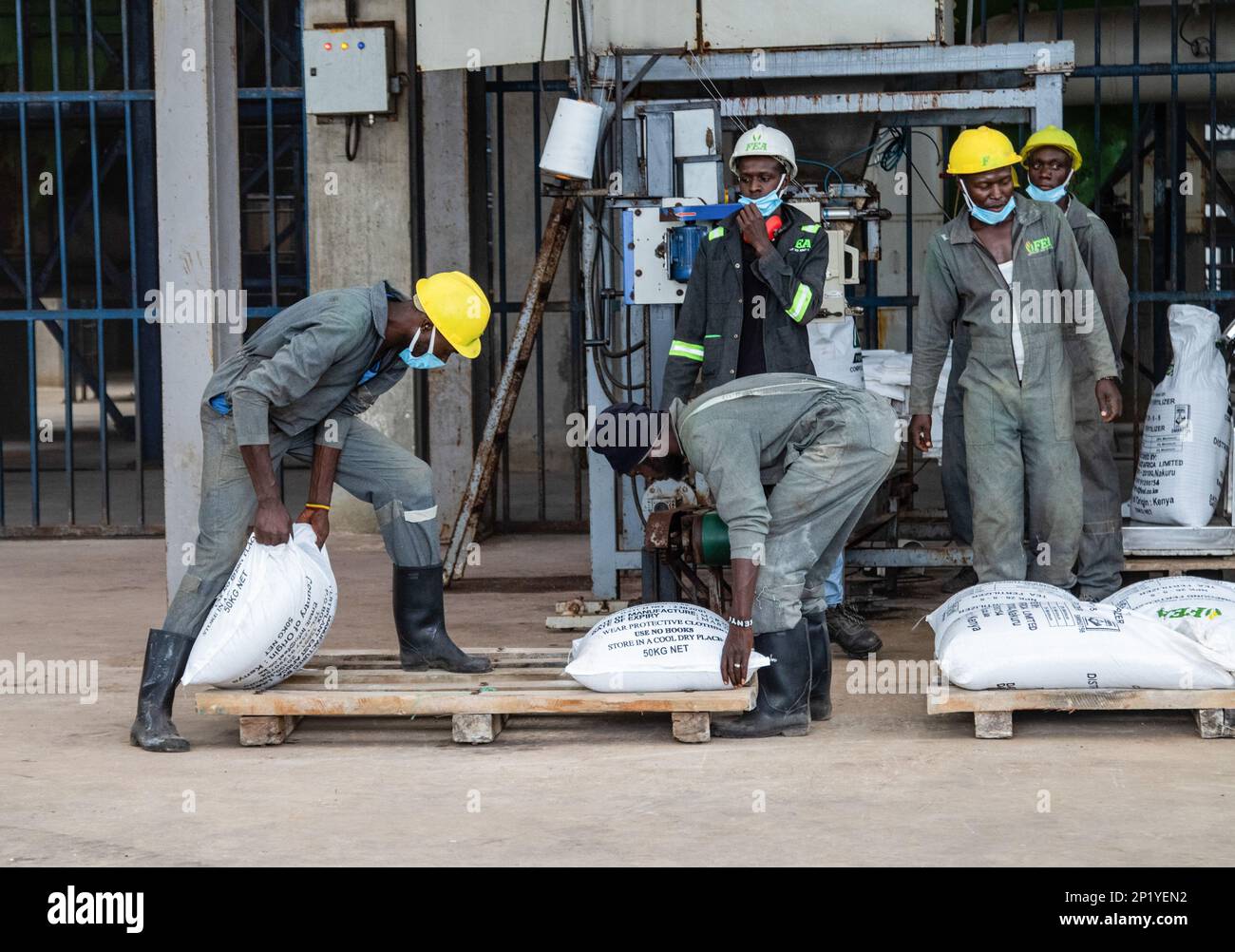 Workers operate a fertilizer packaging unit at the Fertiplant