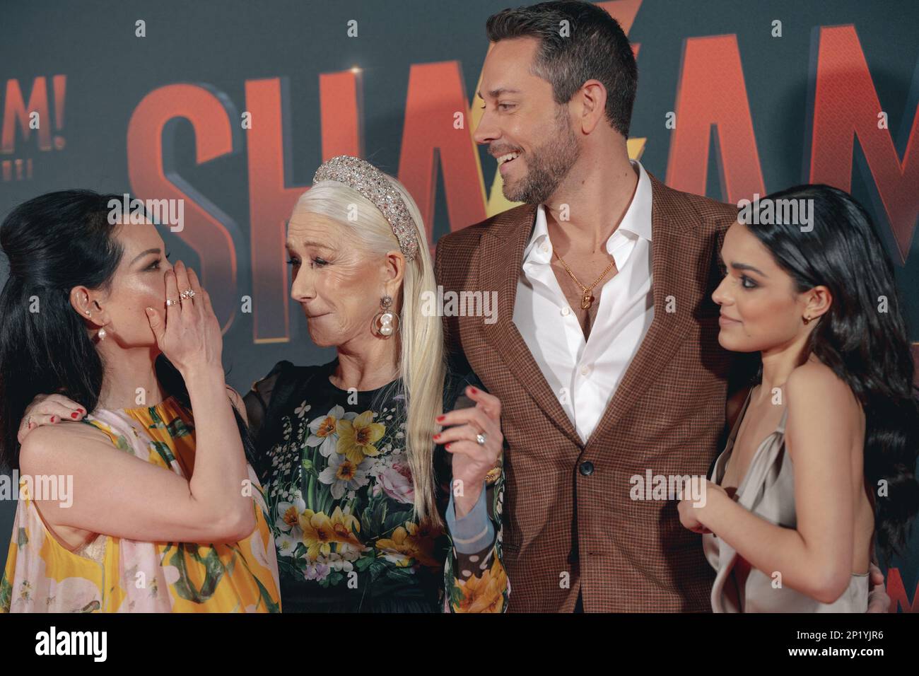 Rome, Italy. 03rd Mar, 2023. (L-R) Lucy Liu, Helen Mirren, Zachary Levi, Rachel Zegler attend the premiere for ''Shazam! Fury Of The Gods'' at The Space Cinema Moderno on March 03, 2023 in Rome, Italy (Photo by Luca Carlino/NurPhoto)0 Credit: NurPhoto SRL/Alamy Live News Stock Photo