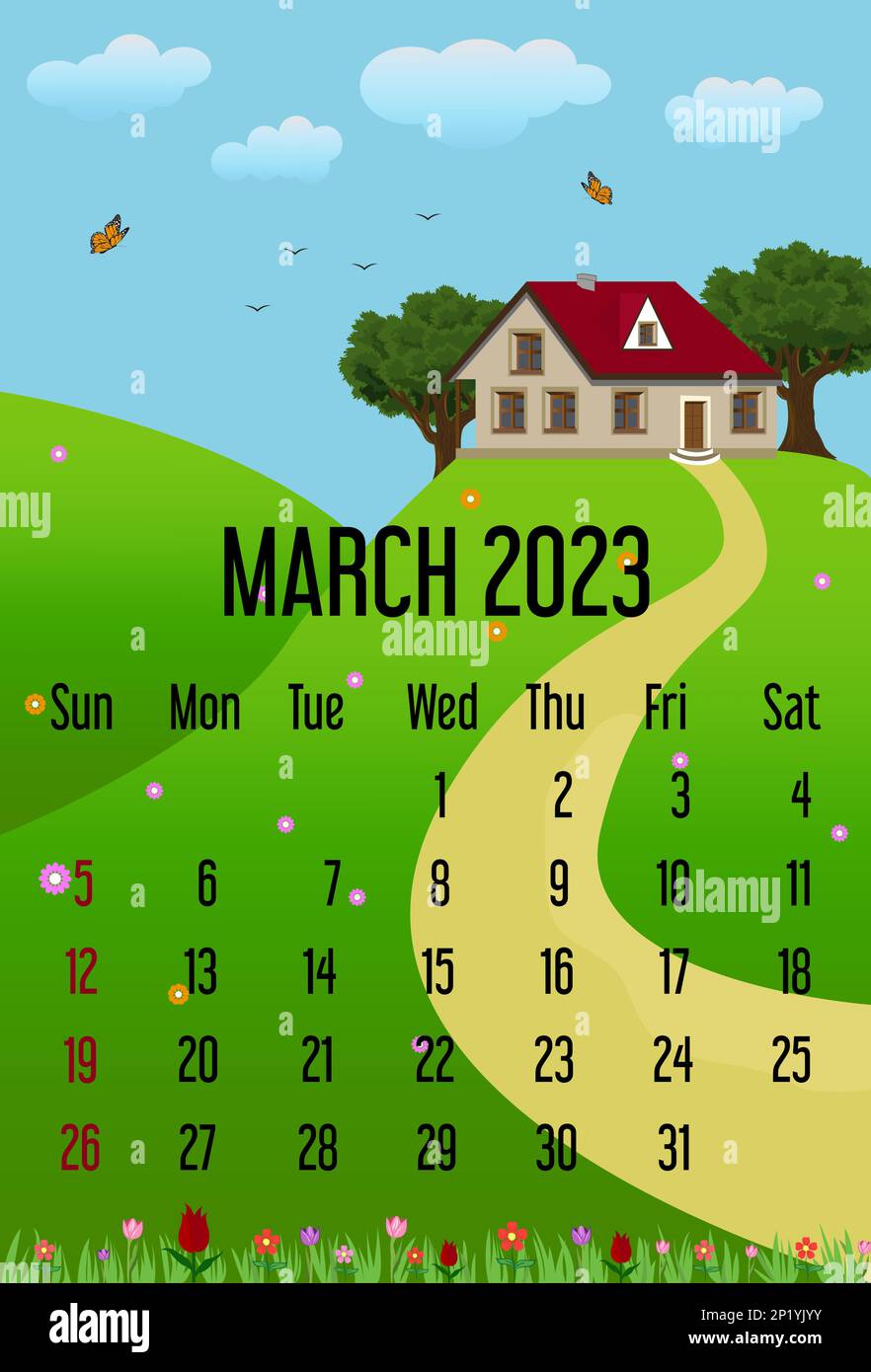 calendar march 2023. calendar template with house, tree and clouds