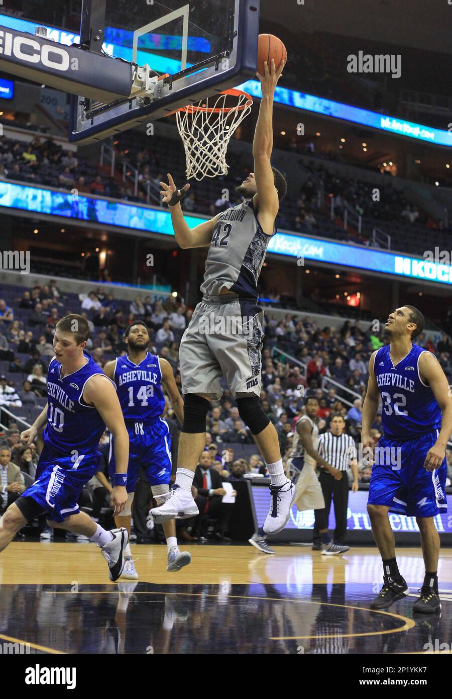 December 19 2015: Georgetown Hoyas center Bradley Hayes (42) shoots a basket  during a NCAA men's basketball match at Verizon Center, in Washington D.C.  N.C Asheville defeated Georgetown 79-73. (Photo by Tony