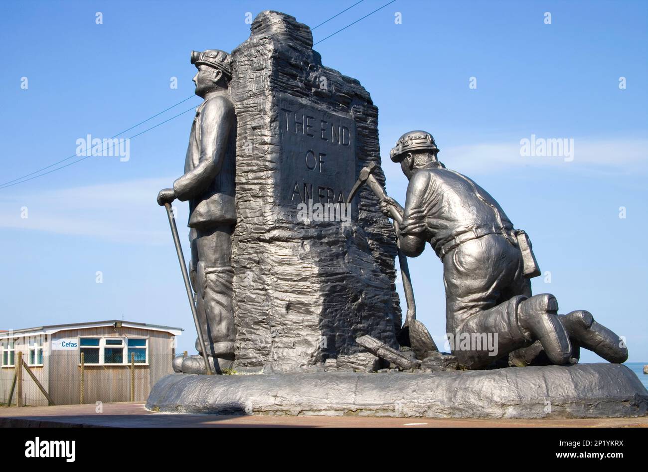 end of an era sculpture with the end of mining in whitehaven on the Cumbria coast Stock Photo