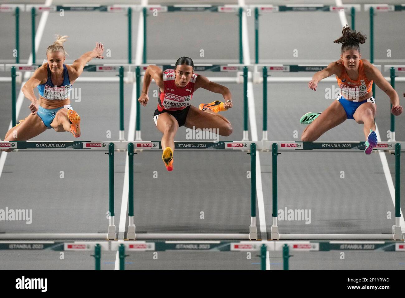 Lotta Harala, of Finland, Ditaji Kambundji, of Switzerland, and Zoe